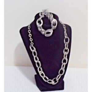 Toggle Large Oval Chunky Silver Tone Necklace & Bracelet w/Toggle Colsure 2 Pcs